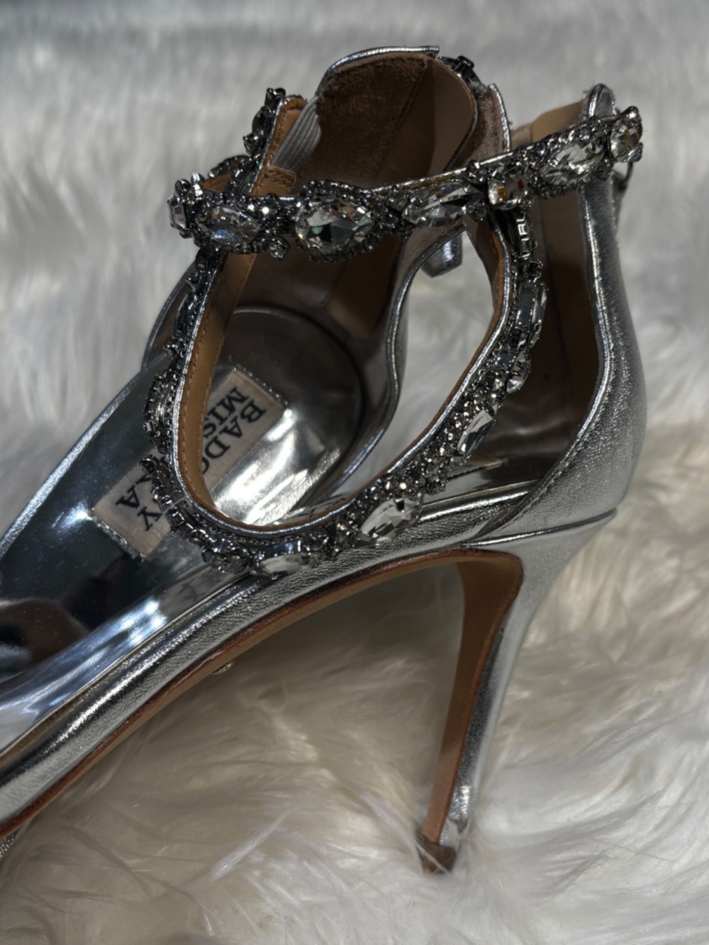 EUC [Badgley Mischka] Silver + Rhinestones Bridal Stiletto 3.5" High Heels | 7 - Picture 4 of 12